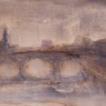 Homage to John J Rooney shows watercolour on paper images of the quays and buildings, bridges and buildings John walked along on his last journey