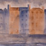 Homage to John J Rooney shows watercolour on paper images of the quays and buildings, bridges and buildings John walked along on his last journey