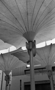 Cityscapes One show a 35mm black and white film photo of high level canopies in Meeting House Square, Temple Bar, Dublin