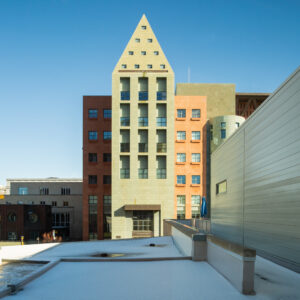 Denver Buildings USA shows office type buildings with the remains of a light snowfall on what was a bright sunny day in wintertime