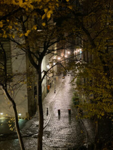 The Brussels' Night Scene shows an iPhone photograph of an old cobbled street in the city on a winter's night.