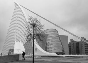 A black and white digital photographic image of the Beckett bridge over the Liffey River taken during a stroll through the docklands' area of Dublin City.