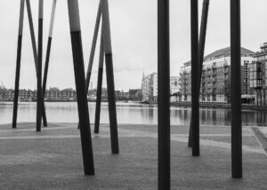 Dublin Docklands' Photowalk shows black and white digital photographic images of streetscapes taken during a stroll through the area including here a sculpture at the old Grand Canal Dock.