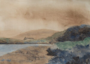 Latest Watercolours shows an image of a watercolour painting on Arches paper of a shoreline in Co Kerry with mountains in the background.