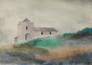 Church on a Hill shows a 35mm digital photo image of a watercolour on Arches paper of fictional church on a hill