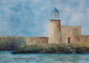 Recent Artwork 2024 shows an image in watercolour on Arches paper of the Lighthouse at the end of a pier in Howth harbour, Co Dublin