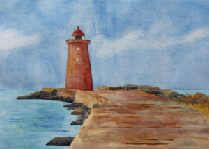 Recent Artwork 2024 shows a watercolour on Arches paper of the lighthouse at the the end of the Pigeon House pier in Dublin Bay