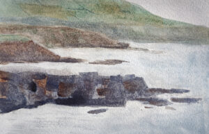 Dingle Peninsula Scene shows an image of a small watercolour painting on Arches watercolour paper of the Dingle Peninsula meeting the Atlantic Ocean