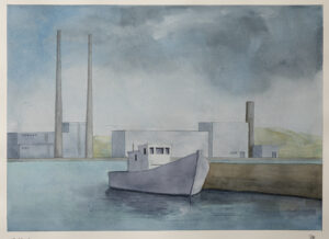 Fishing Boats shows a watercolour image on Arches watercolour paper of a boat moored at a pier in South-East Ireland with industrial buildings and chimneys in the background.