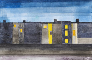 Dublin Quays Night-Time shows an image of an abstract watercolour on Arches paper of the Liffey quays in Dublin City centre at night-time