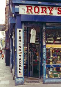 New Photos shows a 35mm colour film photo image of a fish tackle shop in Dublin City