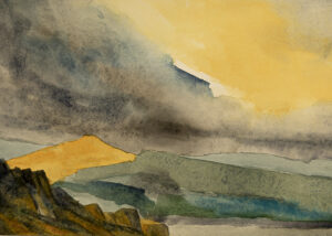 Art and Photographic Work shows an abstract beach and hills scene in watercolour on Arches paper