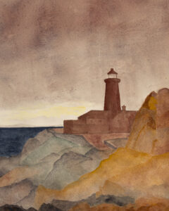 Art and Photographic Work shows an image of an abstract watercolour on Arches paper of a lighthouse in North County Donegal