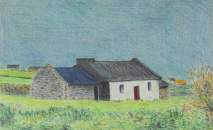 Art and Photographic Work shows a digital photo of an old cottage in Co Kerry drawn in coloured pencil on watercolour paper.